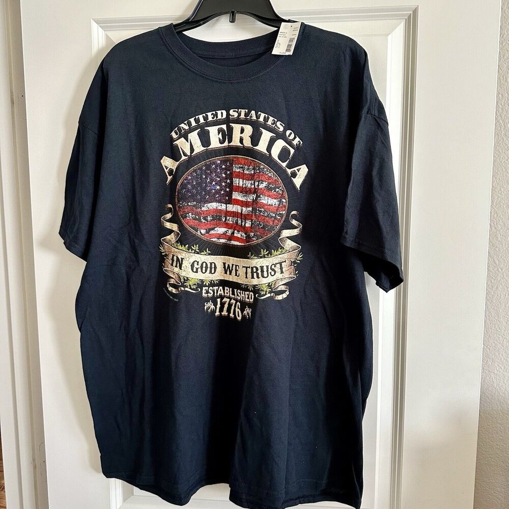 5 Star Men 2XL Black T-Shirt Graphics USA Flag Patriot 1776 God We Trust Tee